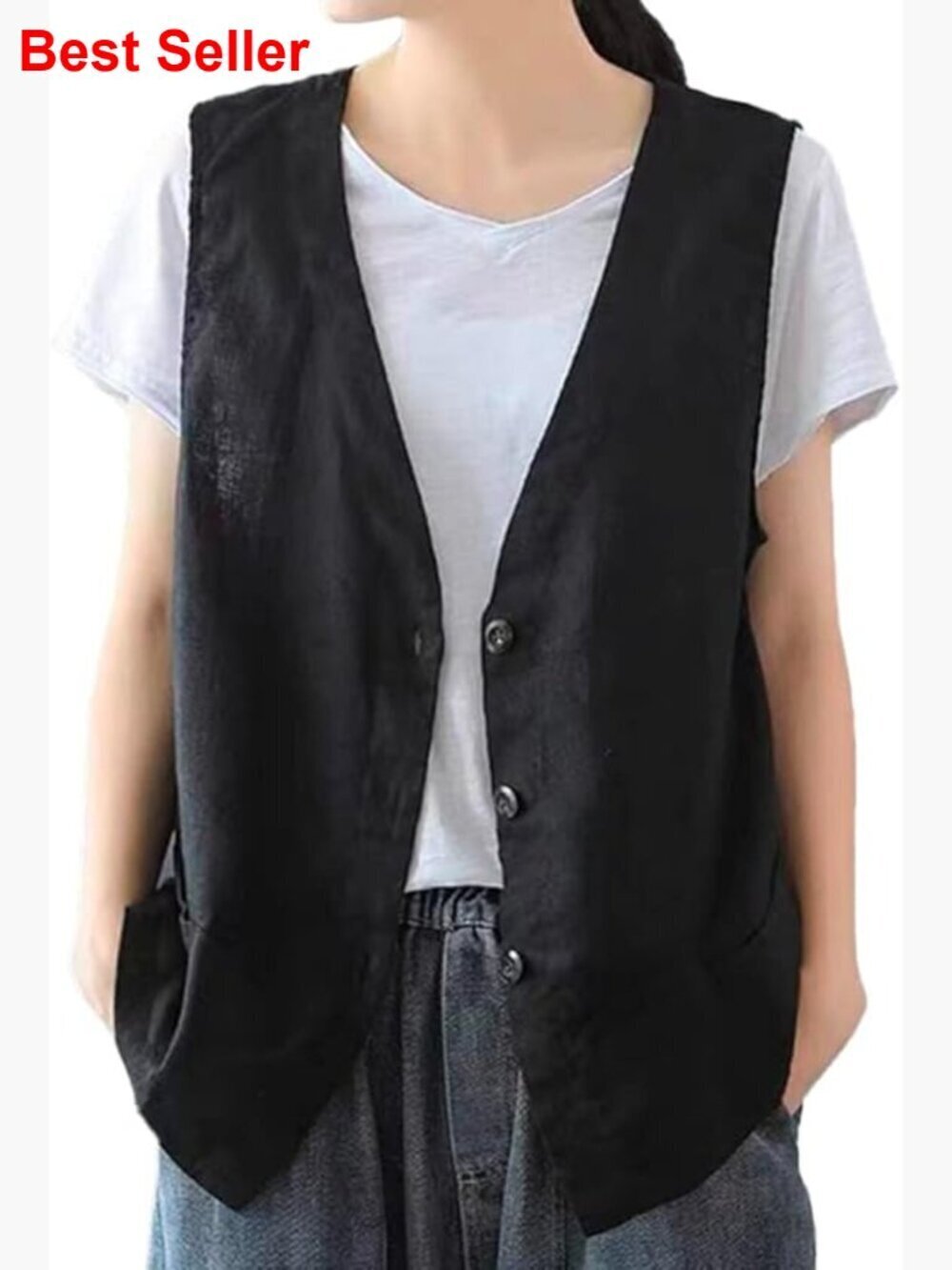 Cotton Linen Vest Sleeveless Blazer Casual Waistcoat